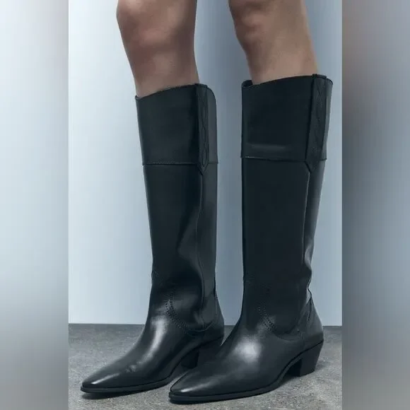 ZARA LEATHER COWBOY BOOTS NEW - Picture 10 of 11